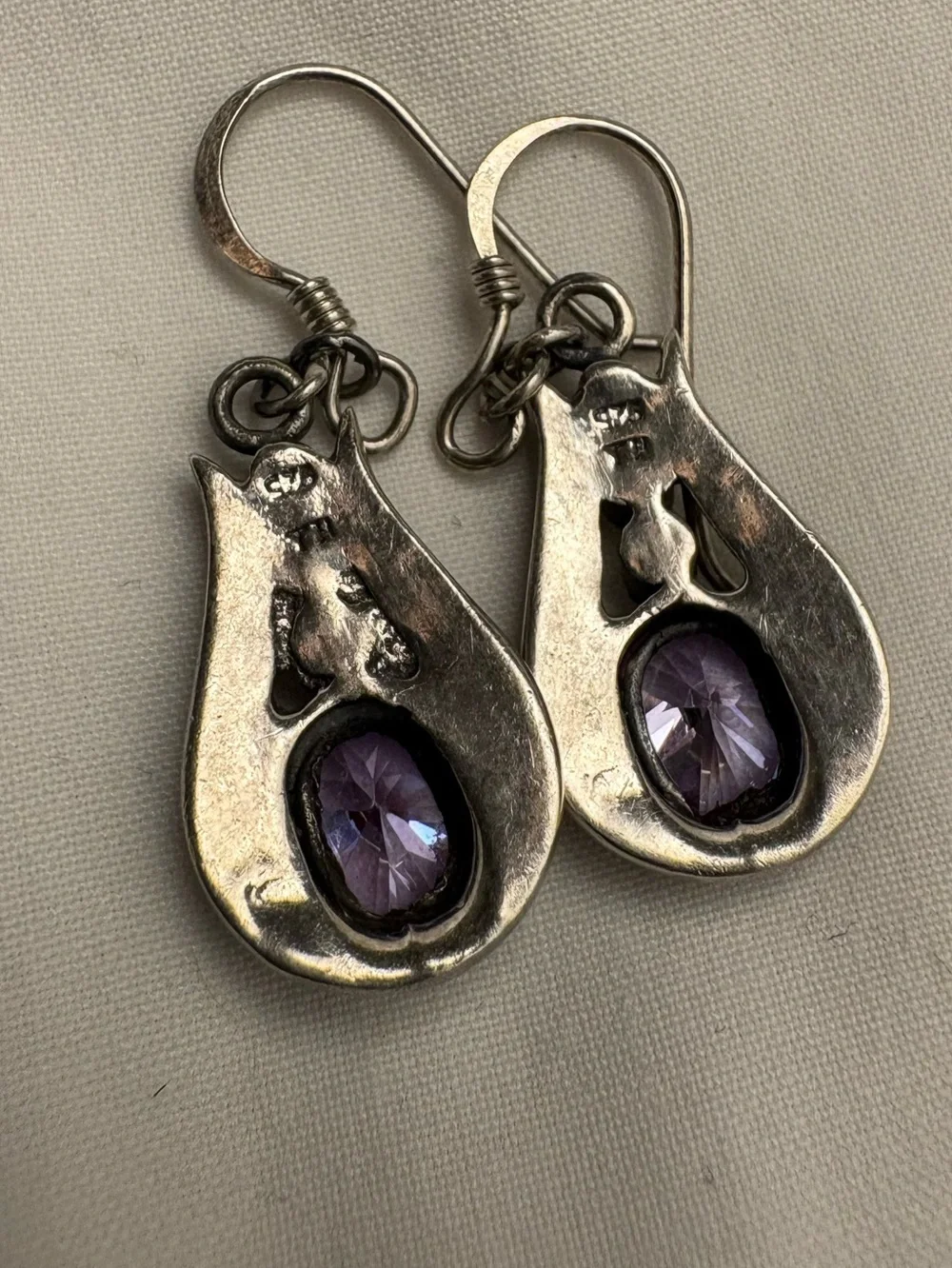 Vintage 925 Sterling Silver Purple CZ Marcasite Style Teardrop Dangle Earrings